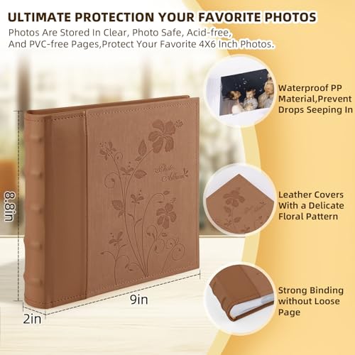 Golden State Art Photo Album holds 4x6 200 Horizontal Pictures with Memo Space, Leather Vintage Cover for Wedding Family Christmas and Valentine's Day(Brown)