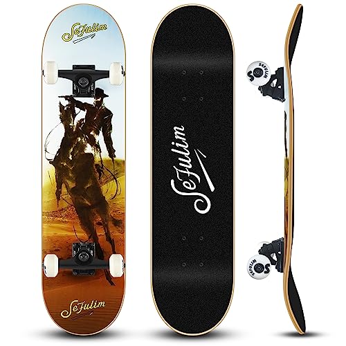 Sefulim 31 x 8 Inch Complete Skateboard 7 Layer Canadian Maple Double Kick Deck Concave Cruiser Trick Skateboard for Boys Girls Teens Adults Beginner