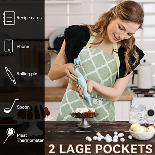 Riqiaqia 2 Pieces Aprons for Women with Pockets, Cotton Linen Waterproof Kitchen Cooking Aprons, Chef Apronfor Men Women with Adjustable Neck Strap and Long Ties(Grey/Green)