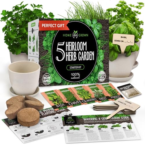 HOME GROWN Indoor Herb Garden Starter Kit - Christmas Gift for Gardeners - Complete 5 Herb Plant Grow Kit - Unique Gift for Mom, Women, Her, Men