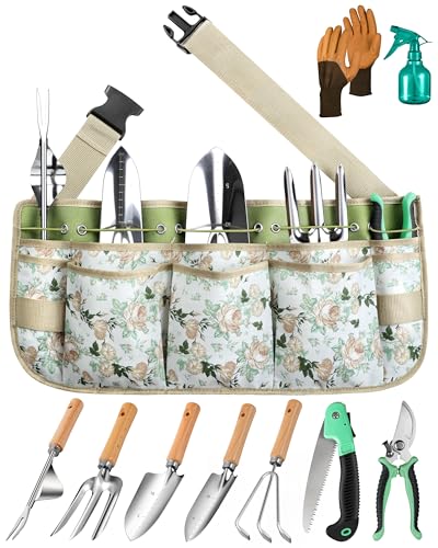 Grenebo All-in-One Garden Tool Set with Tools Organizer Belt Adjustable, 10-Piece Heavy Duty Gardening Hand Tools, Long Lasting Rust-Proof Premium Garden Tool Kit, Gardening Gift for Women Men