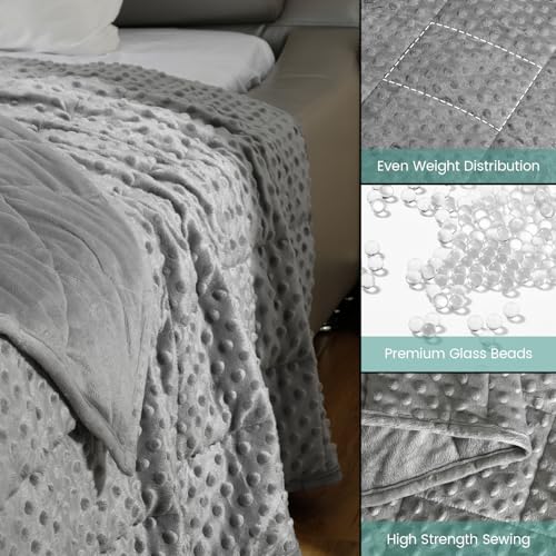 Wemore Minky Dot Weighted Blanket for Adults Queen Size 15 lbs, Soft Cozy Heavy Blanket for Stress Relief and Sleep Promotion, Breathable Blanket for All-Season with Ceramic Beads, Grey 60 x 80 inches