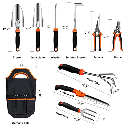 QINGFANGLI Garden Tool Set,10 PCS Stainless Steel Heavy Duty Gardening Tool Set with Soft Rubberized Non-Slip Ergonomic Handle Storage Tote Bag,Gardening Tool Set Gifts for Women and Men