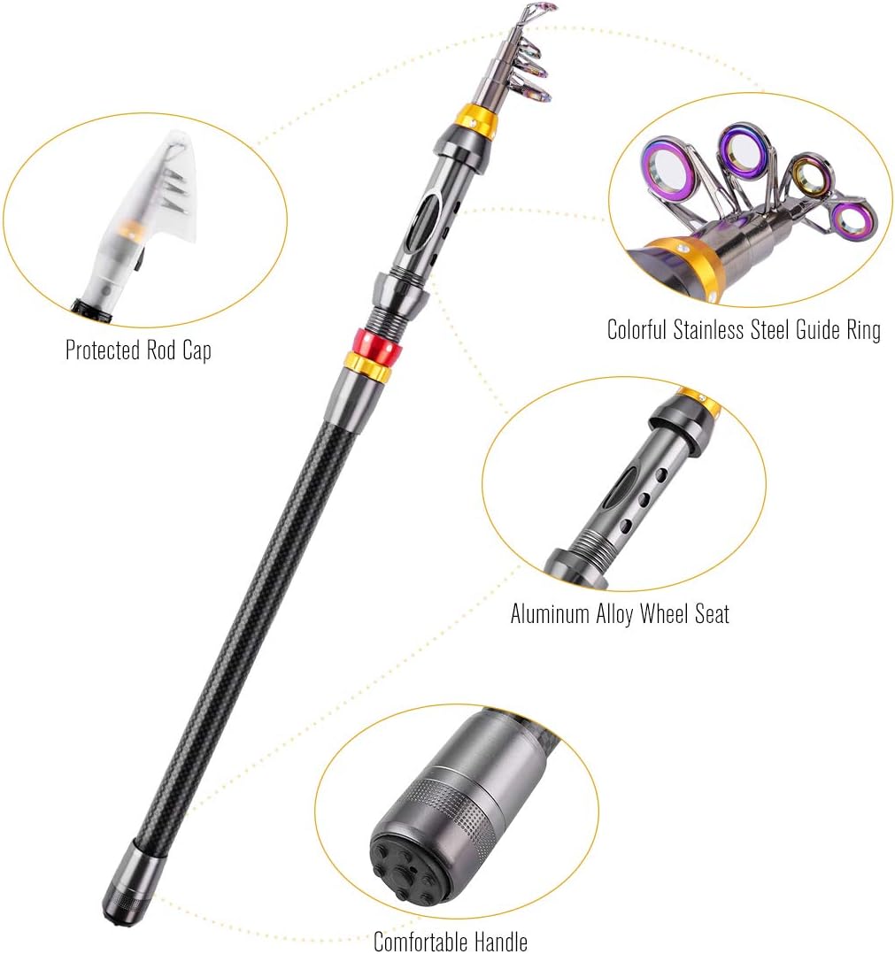 fishing rod kit, Carbon Fiber Telescopic Fishing Pole and Reel Combo with Line Lures Tackle Hooks Reel Carrier Bag for Adults Travel Saltwater Freshwater