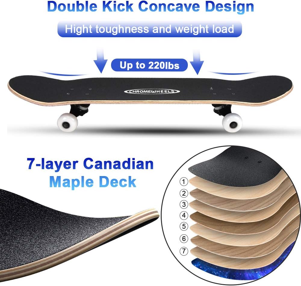 ChromeWheels 31 inch Skateboard Complete Skateboards Double Kick Skate Board 7 Layer Canadian Maple Deck Skateboard for Kids and Beginners