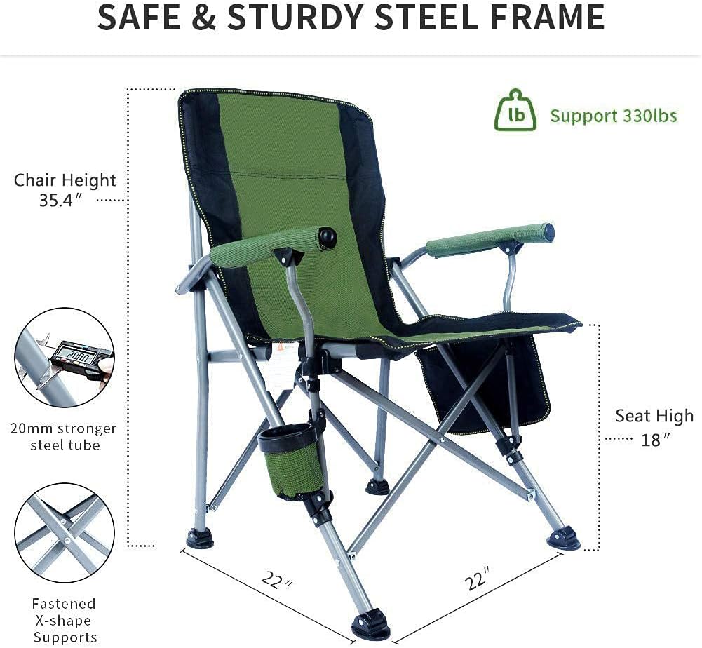 Lamberia Folding Camping Chair for Adults Heavy Duty 330 LBS Capacity Outdoor Camp Chair Thicken 600D Oxford Mesh Back Quad with Arm Rest Cup Holder and Portable Carrying Bag(Green)