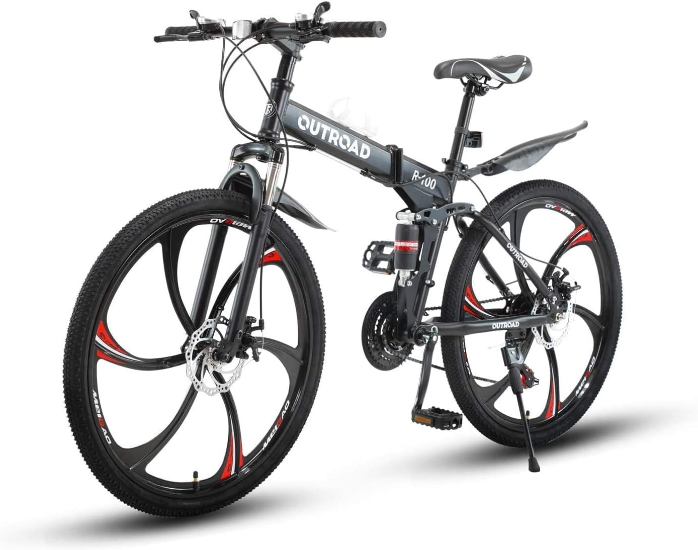 26 Inch Folding Mountain Bike, 21 Speed Full Suspension Bicycle with High-Carbon Steel, Dual Disc Brake Non-Slip Quick Release tire Folding Bicycle for Adults/Men/Women