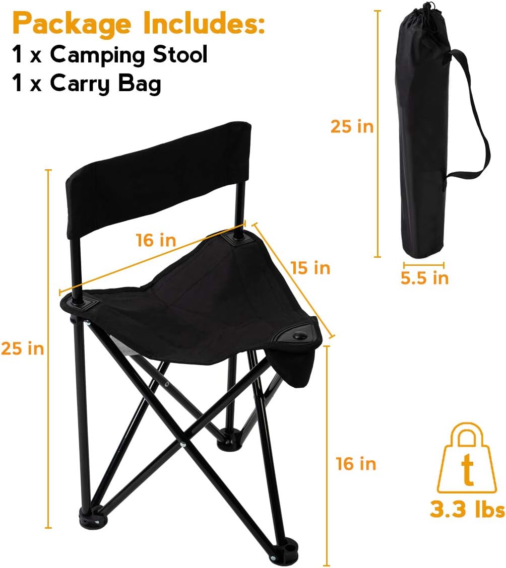 Lightweight Portable Tripod Camp Chair, Includes Carry Bag - polyester,steel,Black