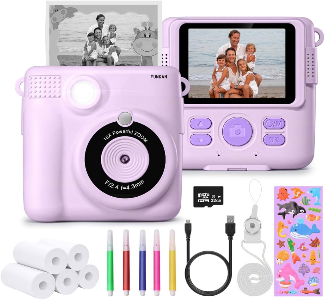 Instant Print Camera for Kids - 2.4" HD 1080P - with 32GB SD Card, 5 Markers, Stickers, 5 Paper Rolls, Lanyard. Camera Boys and Girls from 3 to 14 Years Old. (Purple)