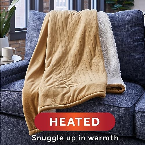 Sunbeam Royal Mink Sherpa Honey Heated Personal Throw / Blanket, Cozy-Warm, Adjustable Heat Settings