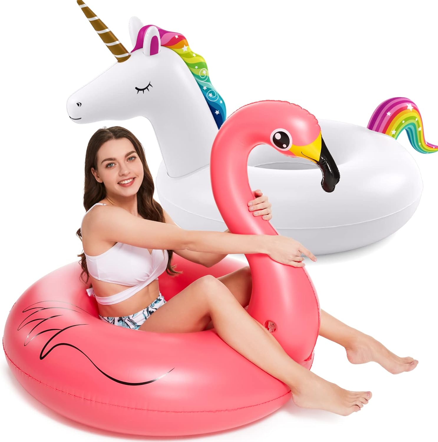 Inflatable Unicorn Flamingo Pool Floats - Jasonwell 2 Pack Pool Floaties Inflatables Rafts for Swimming Pool Tubes for Floating Lake Beach Floaty Swim Rings Pool Party Toys for Adults Kids