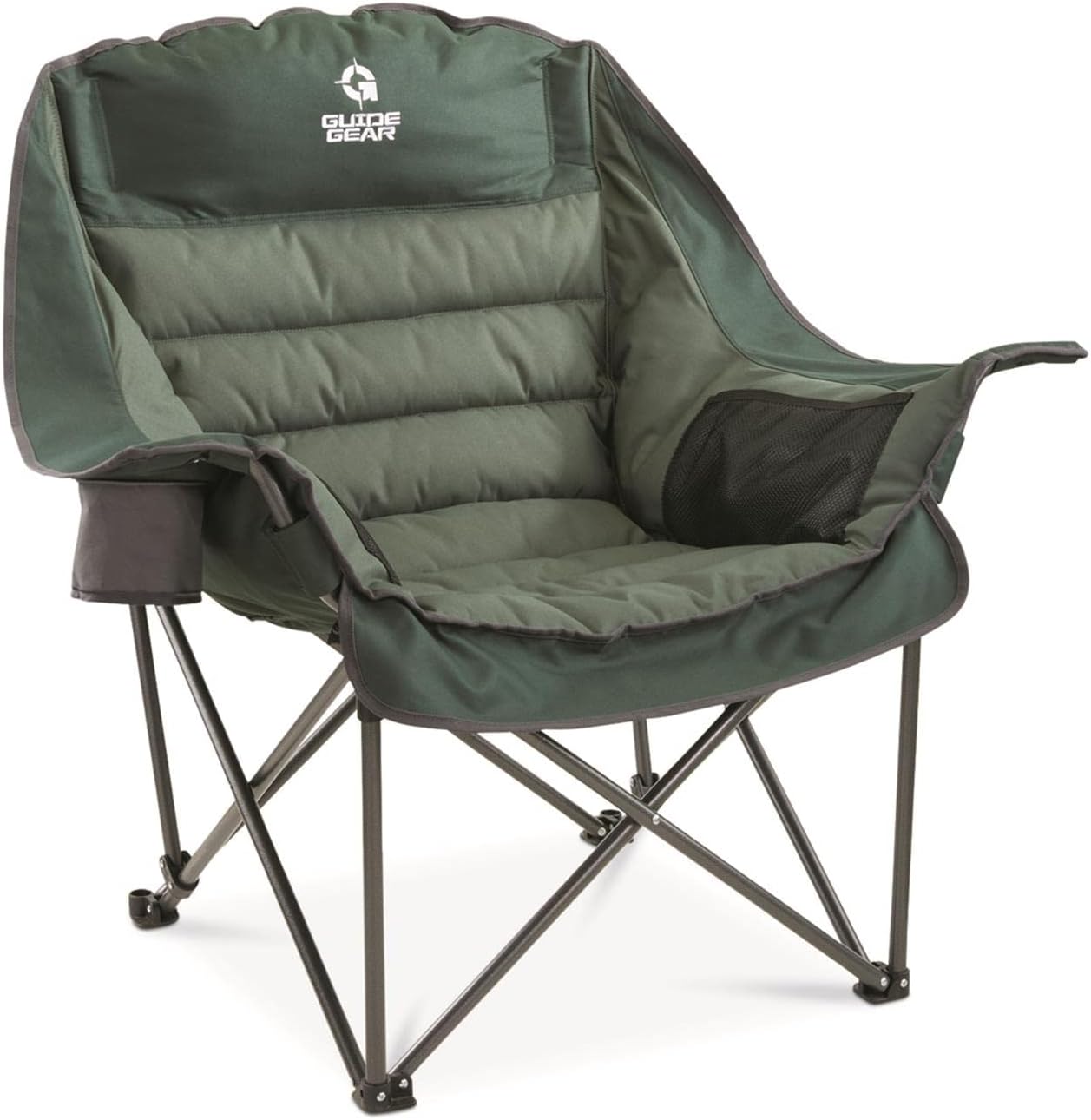 Guide Gear Oversized Extra Large Padded Camping Chair, Portable, Folding, Large Camp Lounge Chairs for Outdoor, Adults, Men and Women, Heavy-Duty 400 Pound Capacity, with Cup Holder Green