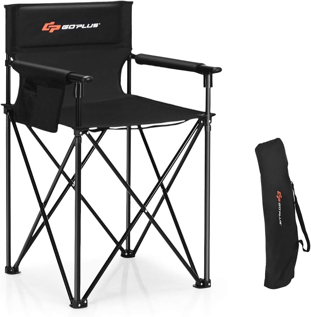 Goplus Folding Camping Chair, Outdoor Portable Beach Chair Heightened Design w/Detachable Armrests, Storage Pouches & Carrying Bag for Fishing, Picnic, Lawn (Black, 250LBS Weight Capacity)