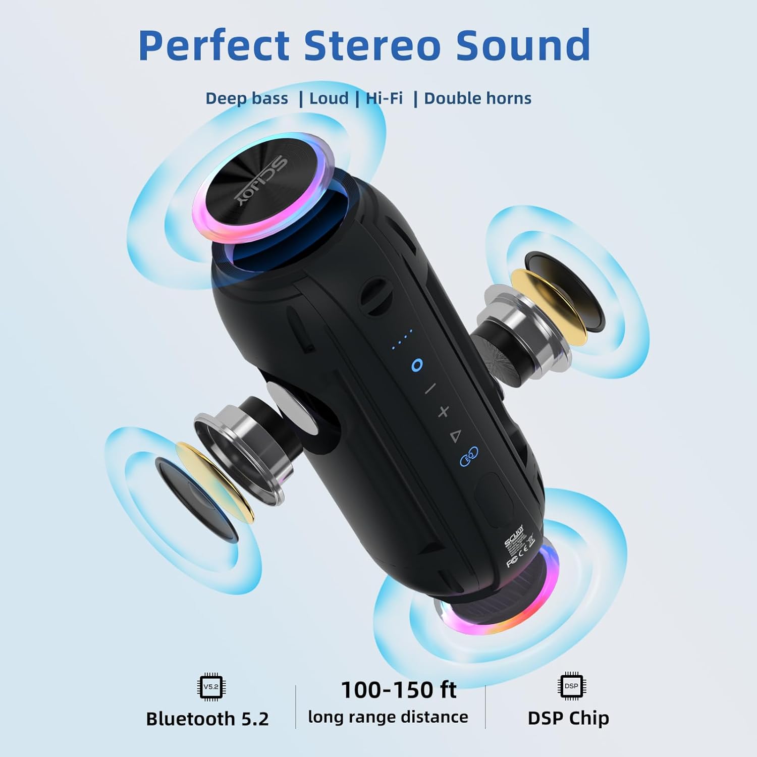 Portable Bluetooth Speaker, Speakers Bluetooth Wireless, IPX7 Waterproof Shower Speakers, Loud Stereo, Deep Bass, RGB LED Lights, for Party, Home and Outdoor, Black