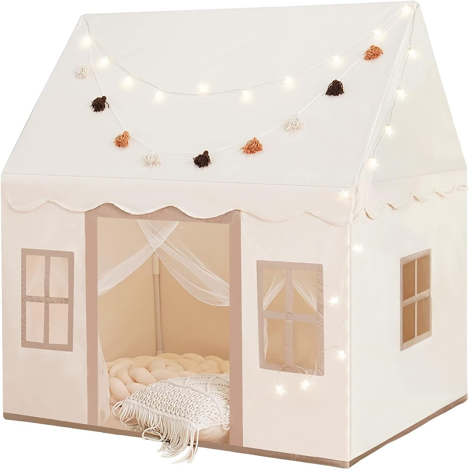 Large Kids Tent with mat, Star Lights, Tissue Garland, Play Tent Indoor & Outdoor, Kids Play Tent for Girl & Boy Aged 3+, Kids Tent for Toddler, 52" x35" x 52" Play House with Windows, Washable