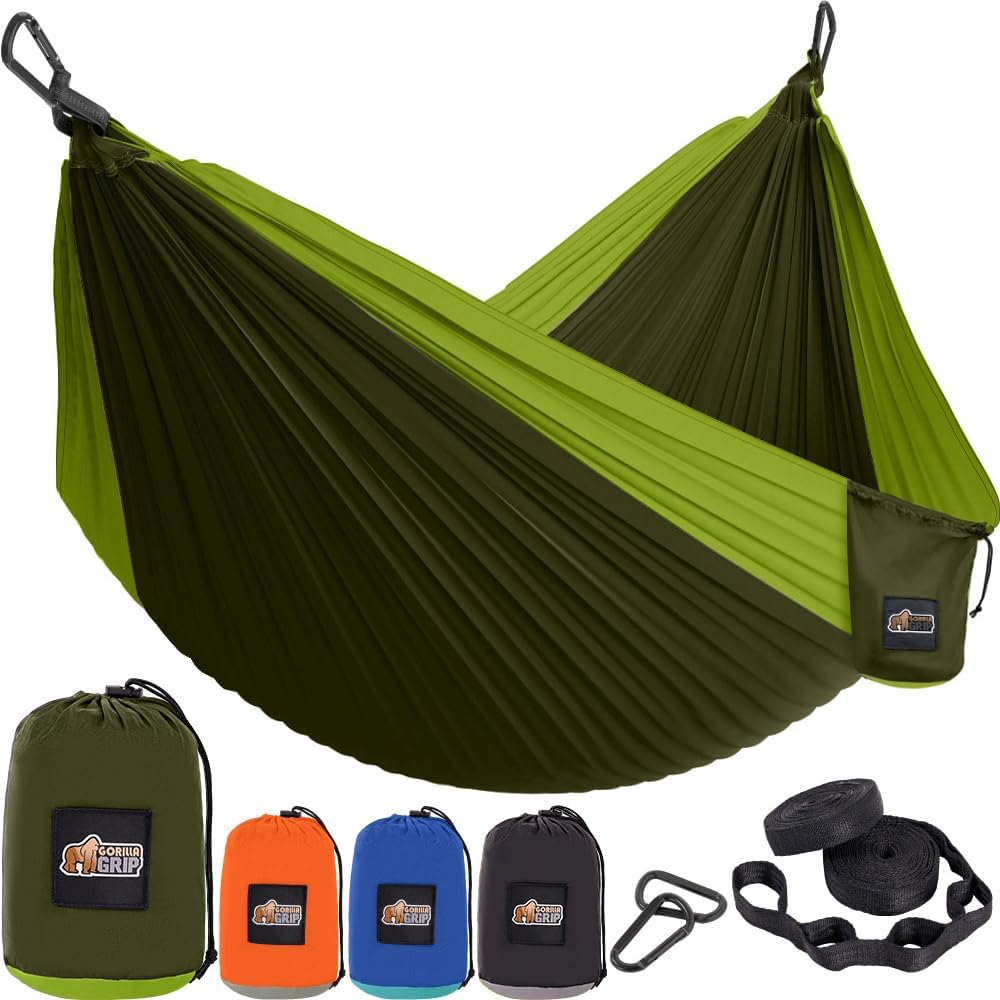 Gorilla Grip Durable Portable Camping Hammock, Holds 400lbs with Heavy Duty Tree Straps, Comfortable Travel Swing, Camp Hammocks, Easy to Use and Install, Outdoor Essentials, Green, 9x4.5 FT