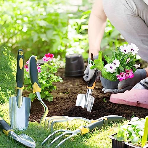 Garden Tools, 9 Piece Heavy Duty Gardening Tools Set with Non-Slip Rubber Grip, Stainless Steel Garden Tool, Gifts for Kids, Women, Husbands, and Parents