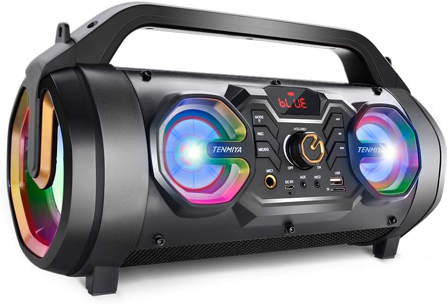 Bluetooth Speaker, 30W Portable Bluetooth Boombox with Subwoofer, FM Radio, RGB Colorful Lights, EQ, Stereo Sound, Booming Bass, 10H Playtime Wireless Party Speaker for Home, Outdoor, Travel, Camping