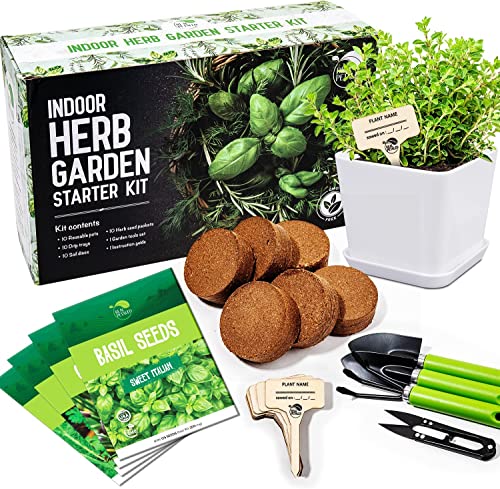 REALPELATED Indoor Herb Garden Kit 10 Non-GMO Herbs- Window Herb Garden Kit with 10 Reusable Pots, Herbs, Drip Trays, Soil Discs - Window Plant Growing Kit - Kitchen Herb Garden Kit Herb Garden Gift