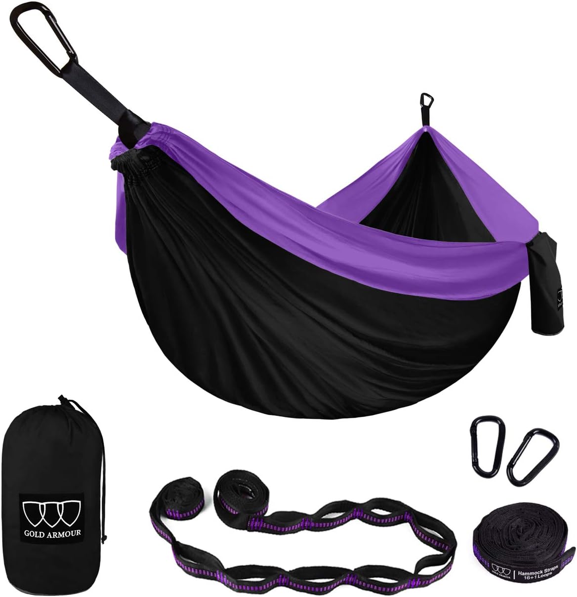 Gold Armour Camping Hammock - XL Double Hammock Portable Hammock Camping Accessories Gear for Outdoor Indoor with Tree Straps, USA Based Brand (Black and Purple)