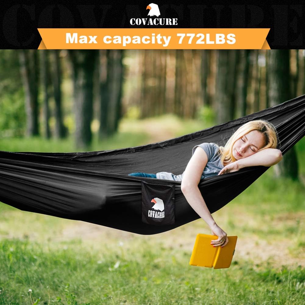 Covacure Camping Hammock - Lightweight Double Hammock, Hold Up to 772lbs, Portable Hammocks for Indoor, Outdoor, Hiking, Camping, Backpacking, Travel, Backyard, Beach(Black)