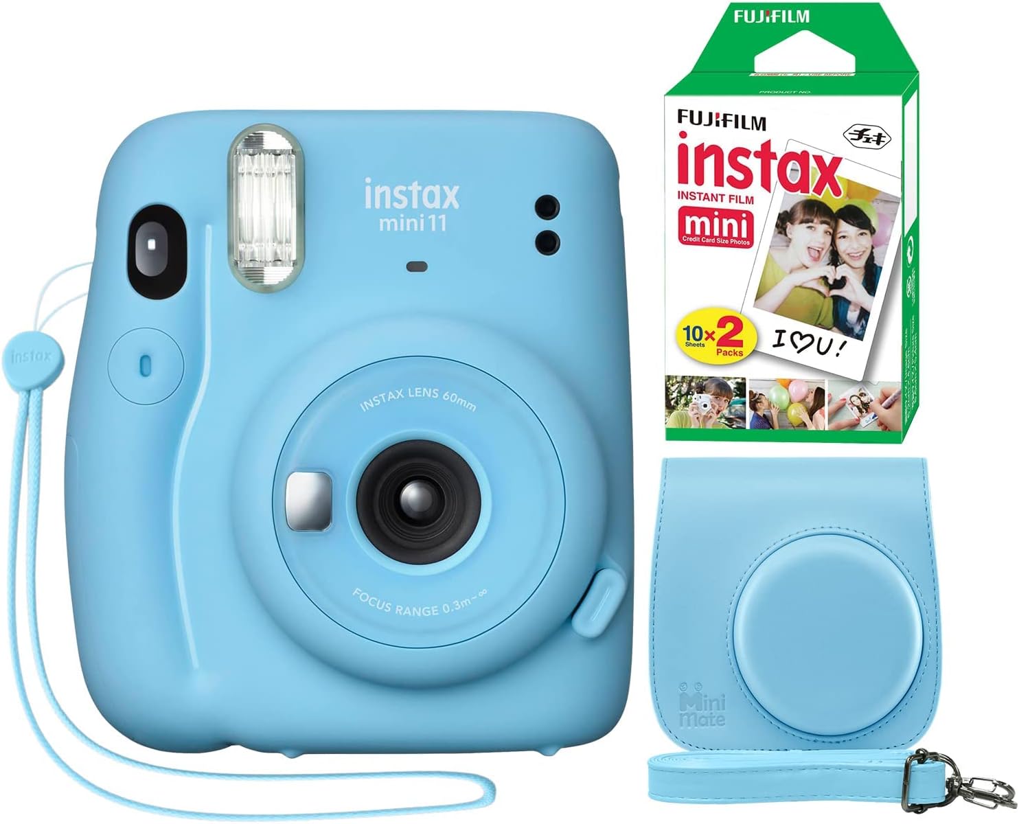 Fujifilm Instax Mini 11 Instant Camera Sky Blue + Minimate Custom Case + Fuji Instax Film 20 Sheets Twin Pack