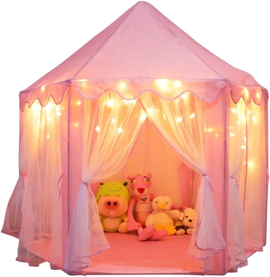 ORIAN Princess Castle Playhouse Tent for Girls with LED Star Lights – Indoor & Outdoor Large Kids Play Tent for Imaginative Games – ASTM Certified, 230 Polyester Taffeta. Pink 55"x53".