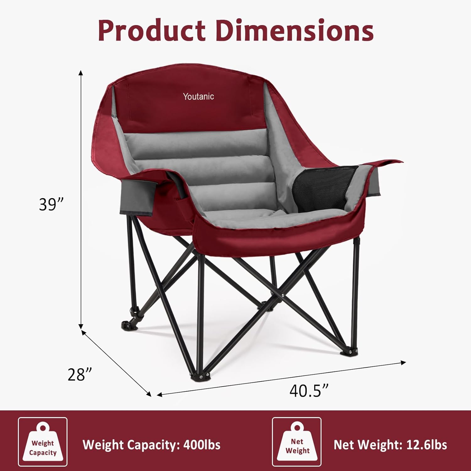 Oversized Camping Chair, Portable Folding Camping Chairs with Side Pocket, Cup Holder and Carry Bag, Heavy Duty Outdoor Camping Chairs for Adults, Fishing, Sports, Trip, up to 400lbs, Style 3