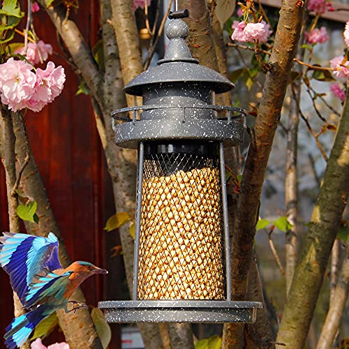 Twinkle Star Wild Bird Feeder Hanging for Garden Yard Outside Decoration, Panorama Gazebo Birdfeeder, Lighthouse Shaped, Grey