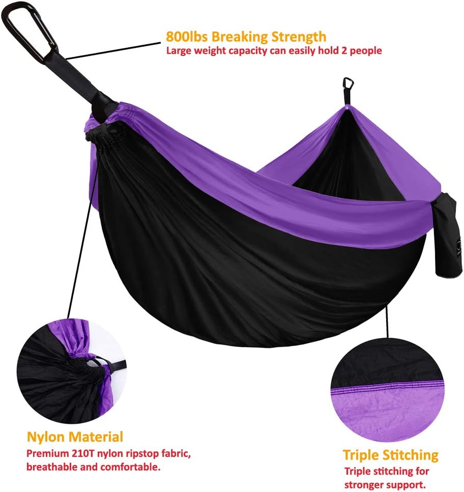 Gold Armour Camping Hammock - XL Double Hammock Portable Hammock Camping Accessories Gear for Outdoor Indoor with Tree Straps, USA Based Brand (Black and Purple)