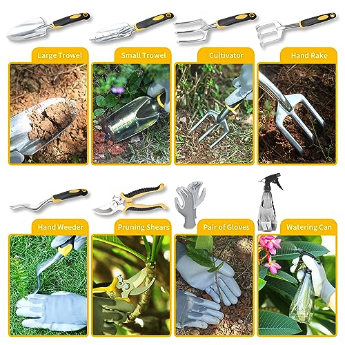 Garden Tools, 9 Piece Heavy Duty Gardening Tools Set with Non-Slip Rubber Grip, Stainless Steel Garden Tool, Gifts for Kids, Women, Husbands, and Parents