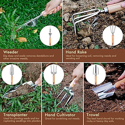 YAUNGEL Garden Tools Set, Gardening Tools Heavy Duty Stainless Steel Garden Supplies Hand Tools with Wooden Handle, Storage Tote Bag, Gardening Gifts for Women and Men, for Mom