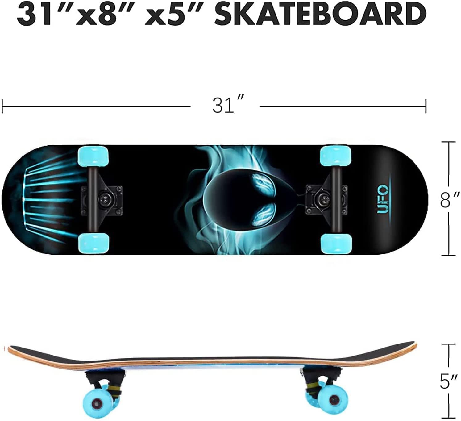 Skateboards for Beginners Kids Boys Girls and Adults 31"x8" Pro Complete Skateboard 8 Layers Maple Wood, Double Kick Concave, Fascinating Cool, Solid&Durable