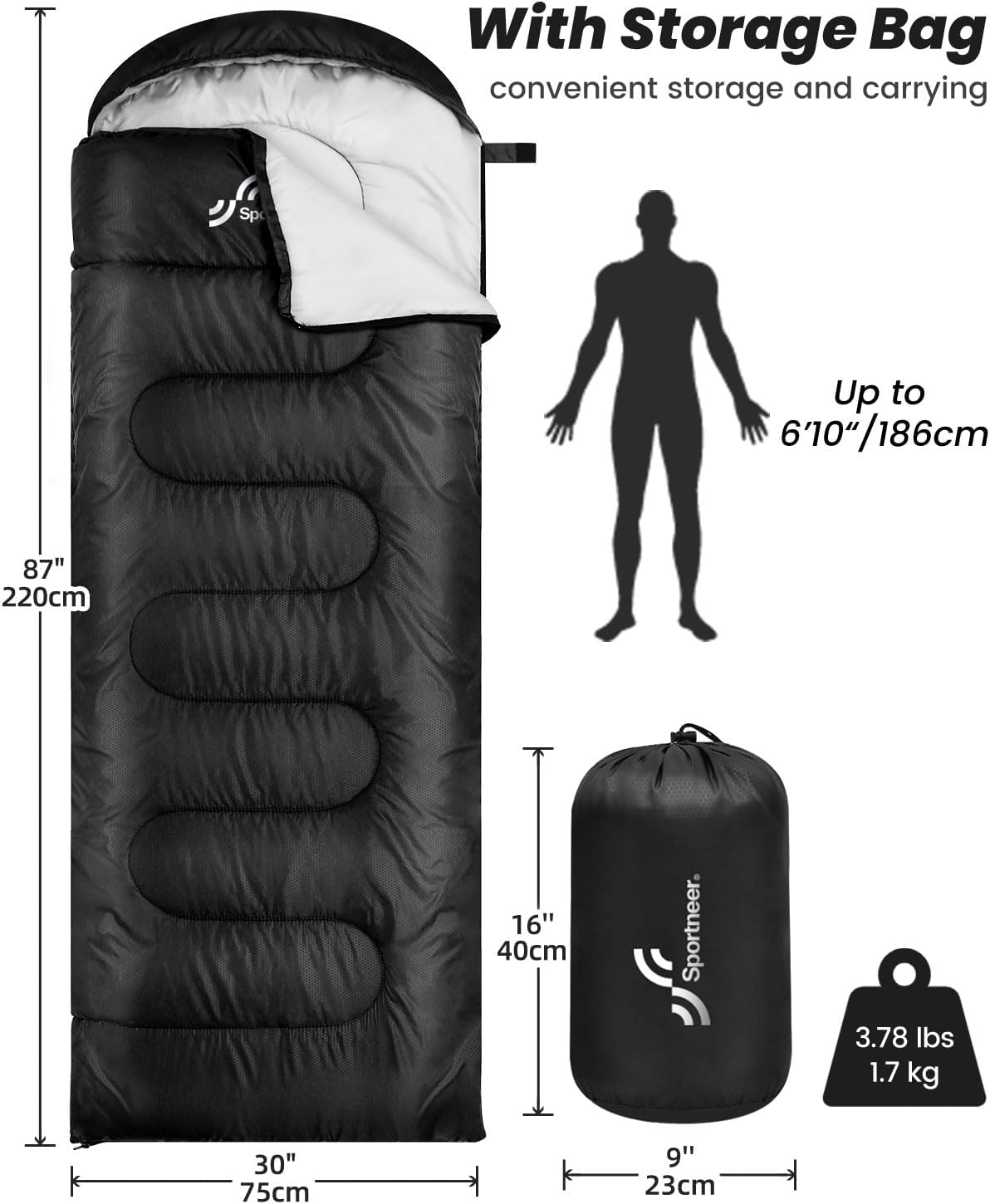 Sleeping Bags for Adults, Sportneer Sleeping Bag 3-4 Season Warm Weather Waterproof Lightweight Camping Sleeping Bag for Camping Backpacking Hiking Outdoor Travel