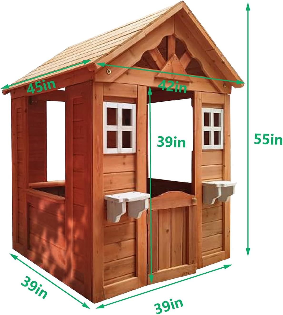 Outdoor Playhouse for 3-8 Years Boys Girls with Flowerpot Holder Window Pretend Play Wooden Cottage Playhouse for Outdoor Garden Lawn Patio Yard 42 x 46 x 55in Gold