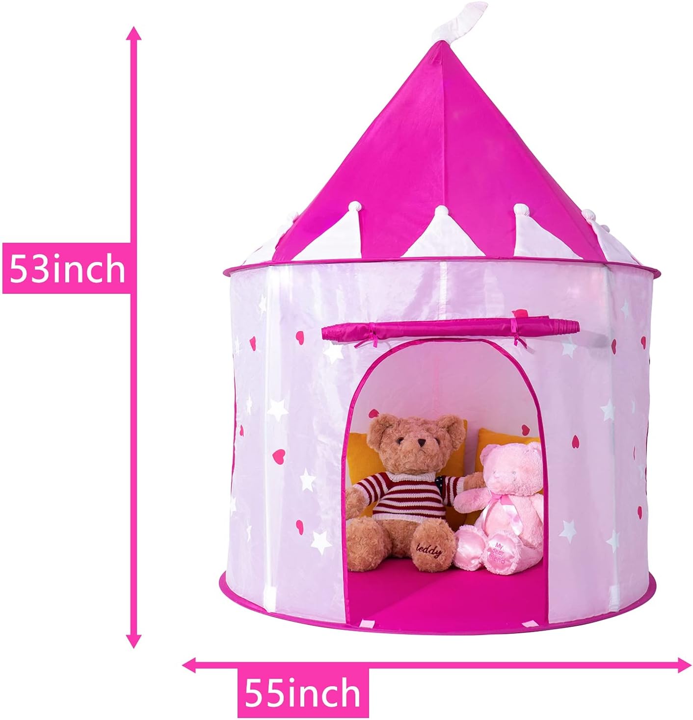 Princess Castle Play Tent with Glow in The Dark Stars, Foldable Pink Pop up Kids Tent Playhouse Toys, for Indoor Outdoor Toddler Children Girls Gifts Tent Girls Toys Age 3/4/5/6/7/8/9 Years Old