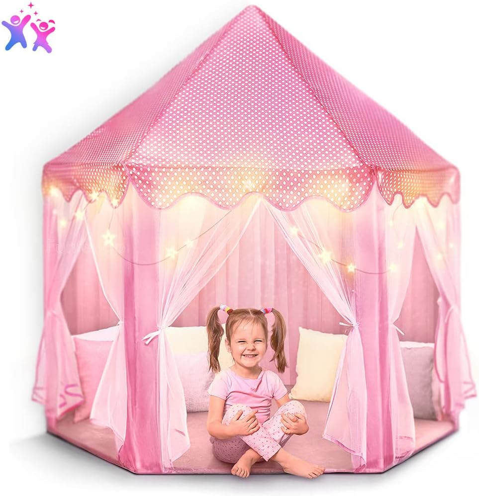 Castle Princess Tents for Little Girls with Lights, Soft Fairy Star Lighting for Indoor and Outdoor Play, Quick 55” x 53” Pop Up Canopy, Relaxation and Creative Space for Kids, Pink