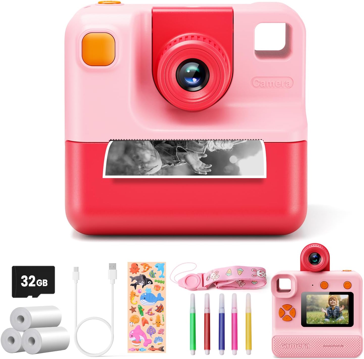 Kids Camera Instant Print, Digital Camera, Selfie 1080P Video Camera with 32G TF Card, Toys Gifts for Girls Boys Aged 3-14 for Christmas/Birthday/Holiday (Pink)