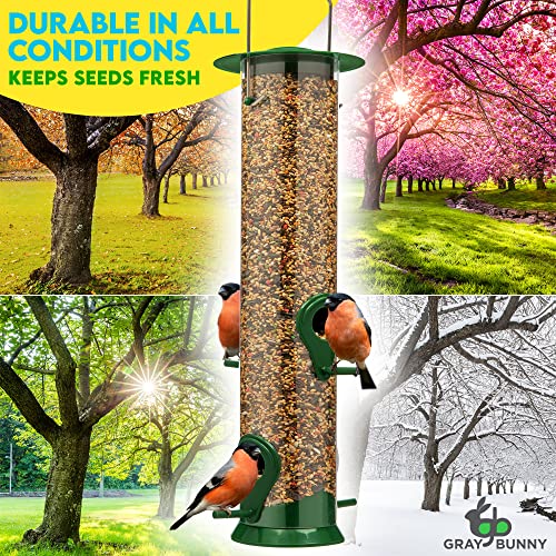 Gray Bunny 2 Pack, 12 Inches Tube Bird Feeders for Outdoors Hanging, 4 Feeding Ports, Hard Plastic Feeder Outdoor Weatherproof & Steel Hanger, Bird Feeders, Finch Feeder, Bird Feeders Outside Hanging