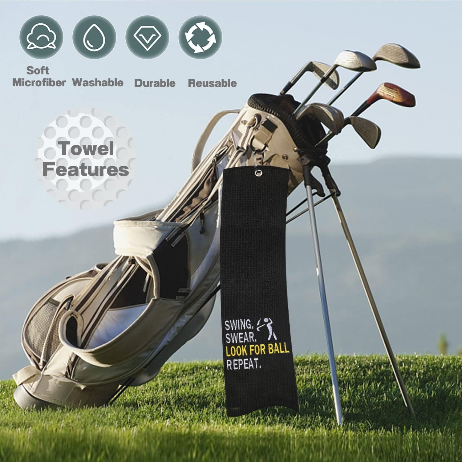 Funny Golf Towel, Swing Swear Look for Ball Repeat - Golf Gifts for Men, Golf Accessories for Men, Embroidered Golf Towels for Golf Bags with Clip, Black