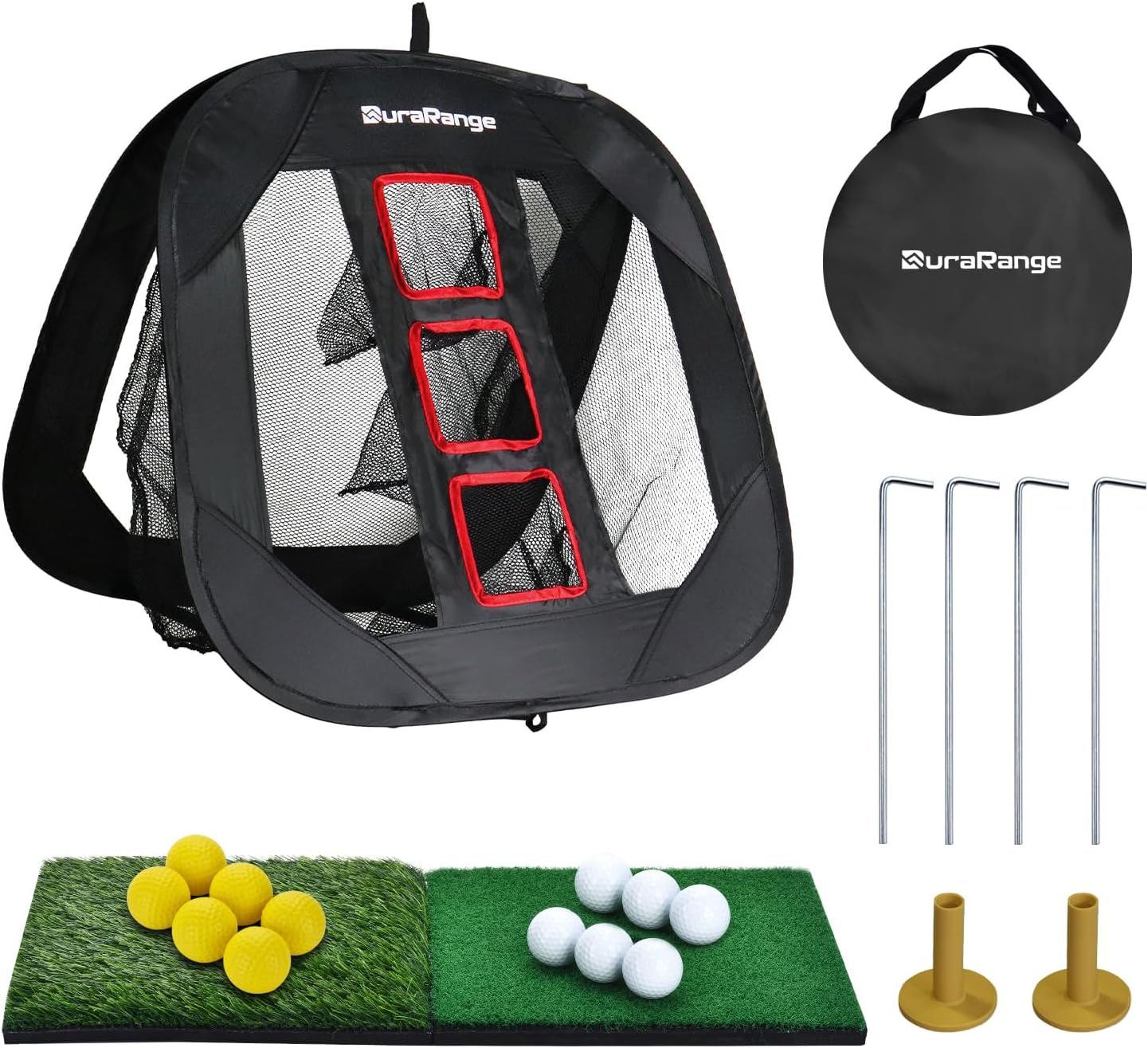 DURARANGE Pop-up Golf Chipping Net Set - Foldable Training Kit with 2 Hitting Mats, 6 Practice Balls, 6 Foam Balls - Ultimate Golf Gift & Target Chipping Aids, Black