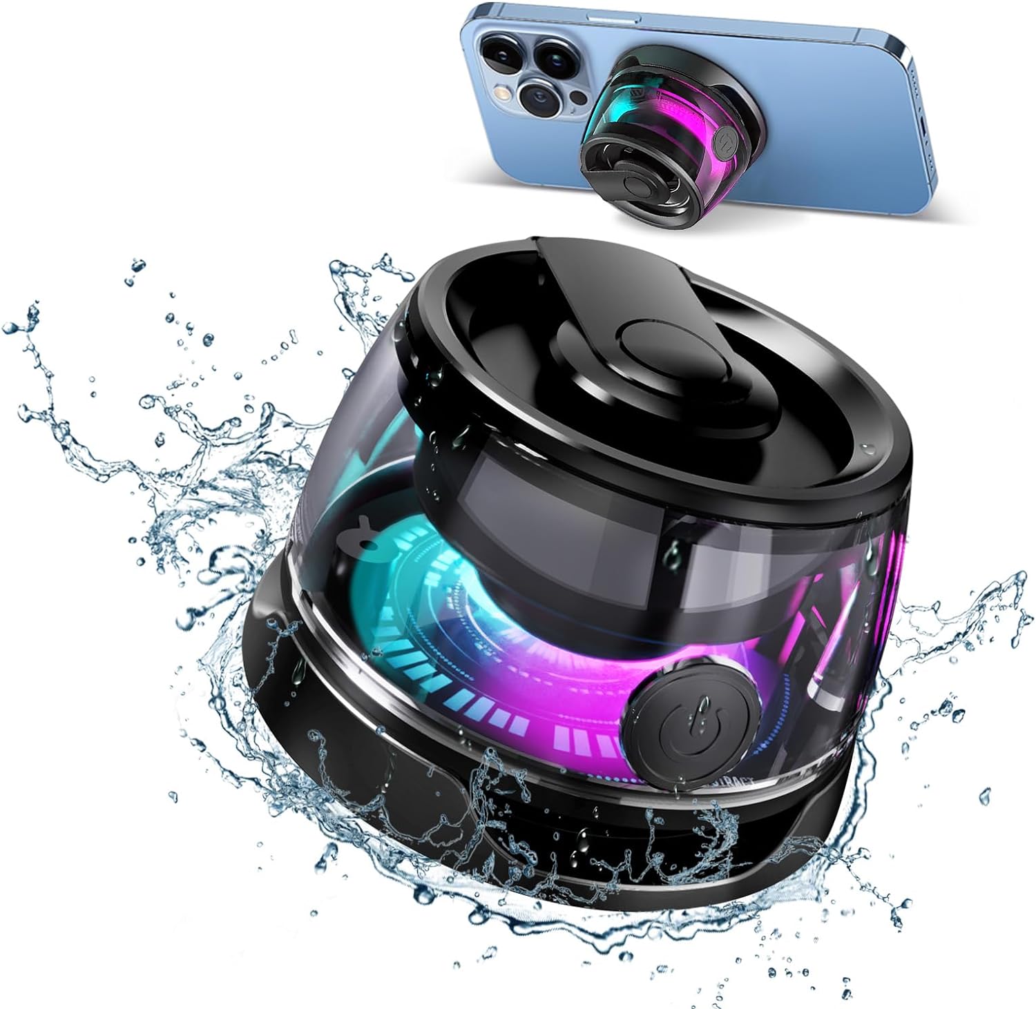 Magnetic Bluetooth Speaker, Wireless Phone Stand Gaming Speaker, BT 5.2 for Metal Surface Magsafe Android, IPX5 Waterproof for Shower, Outdoor, Golf, Small Portable, RGB Light, Gift for Teens