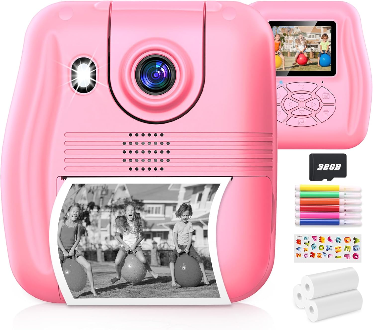 Instant Print Camera Gift for Kids Age 3-12 Girls Boys, 1080P HD Selfie Digital Camera, 12MP Kids Print Camera Toy with 180°Rotatable Camera, 16X Digital Zoom, 32GB TF Card, Colored Pens (Pink)