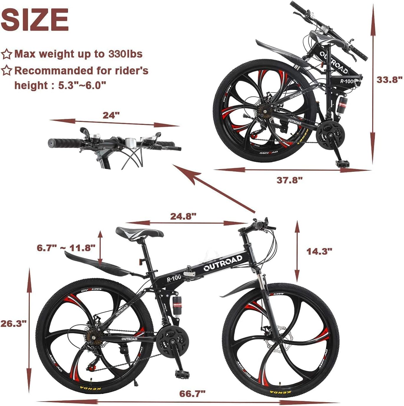 26 Inch Folding Mountain Bike, 21 Speed Full Suspension Bicycle with High-Carbon Steel, Dual Disc Brake Non-Slip Quick Release tire Folding Bicycle for Adults/Men/Women