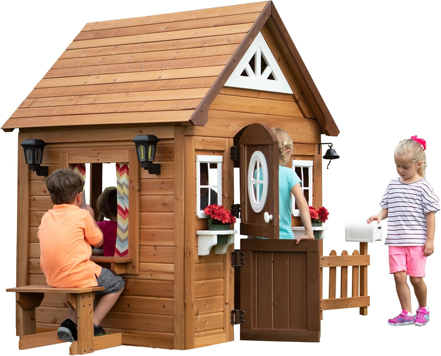 Backyard Discovery Aspen All Cedar Wooden Playhouse, Country Style, Dutch Front Door, Flower Pot Holders, Stove, Sink, Plastic Food, Doorbell, Mailbox, Outdoor Light Attached Picnic Bench