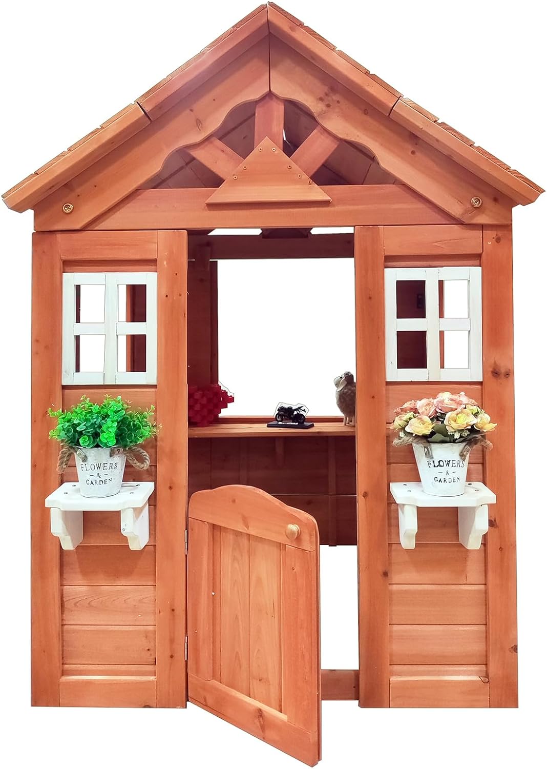 Outdoor Playhouse for 3-8 Years Boys Girls with Flowerpot Holder Window Pretend Play Wooden Cottage Playhouse for Outdoor Garden Lawn Patio Yard 42 x 46 x 55in Gold