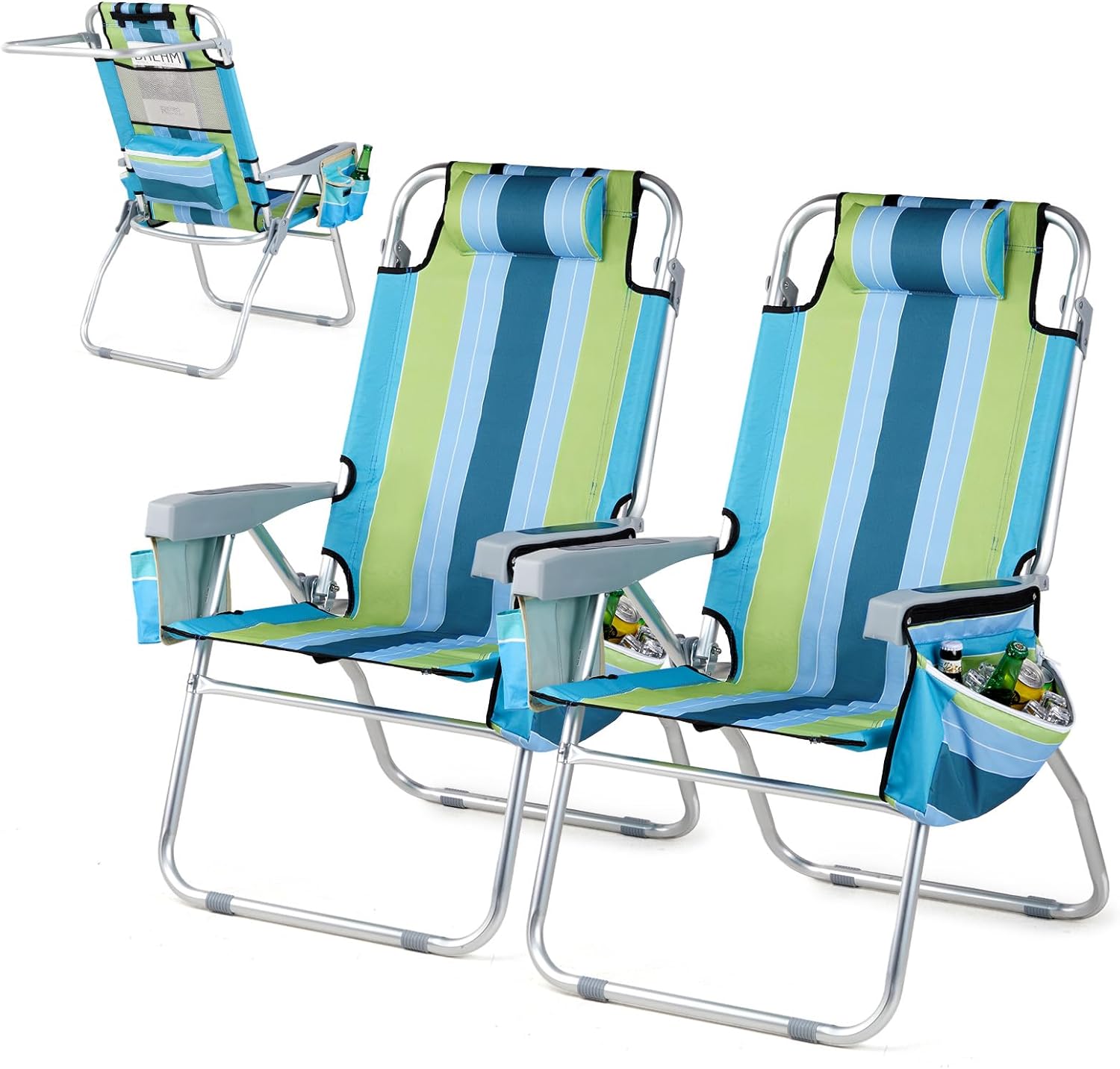 VINGLI Tall Beach Chair 2 Pack, with 5-Position, Cooler Bag, Cup Holders, Towel Bar, Lightweight Folding Beach Camping chairs for Adults（Blue/Green-High