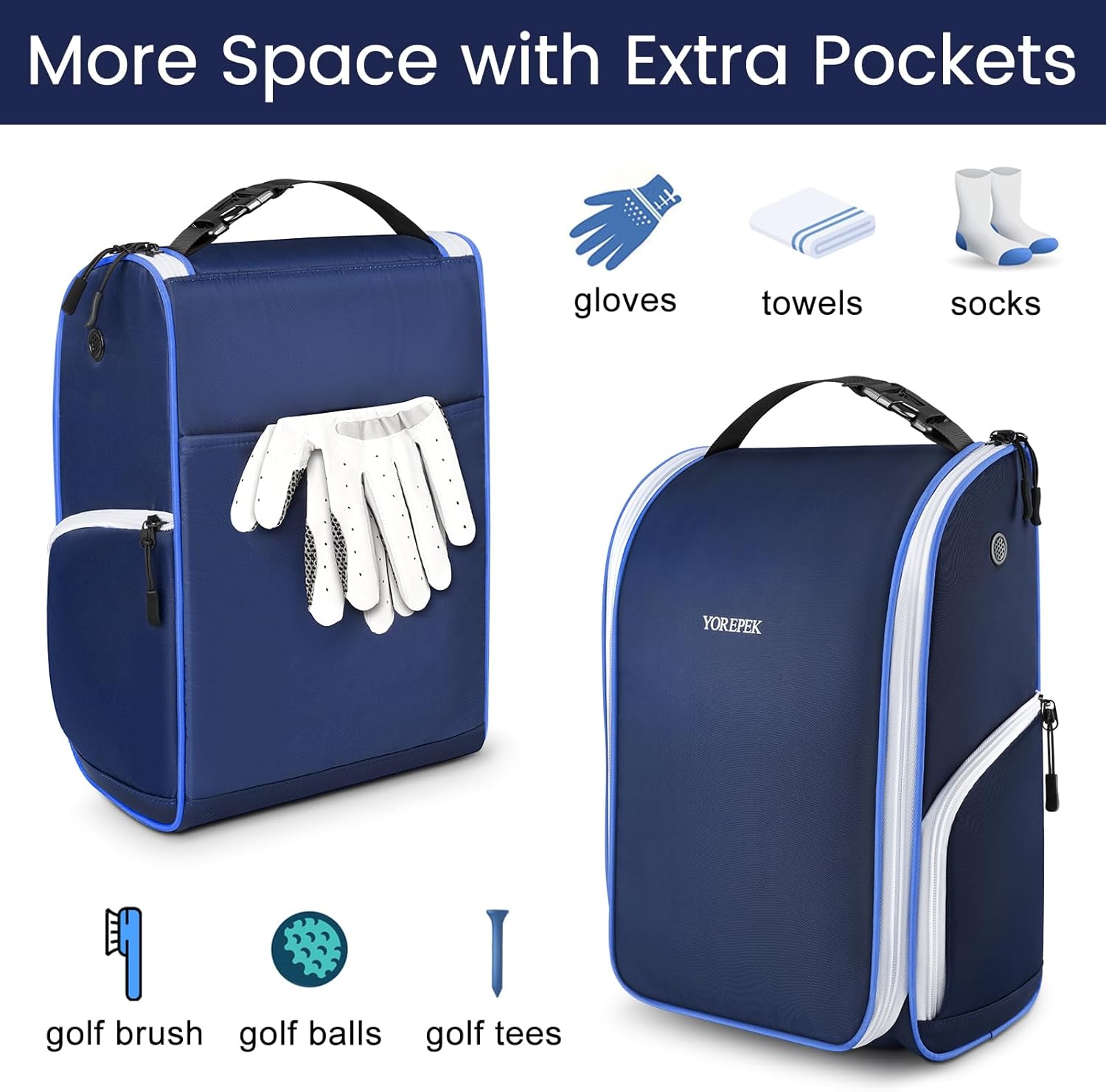 YOREPEK Golf Shoe Bag, with 3 Pockets for Socks, Gloves, Tees, Balls, Brush, Designed with a Buckle Top Carry Handle, Zippered Sport Shoe Carrier Bags with Ventilation, Golf Gifts for Men Unique,Blue