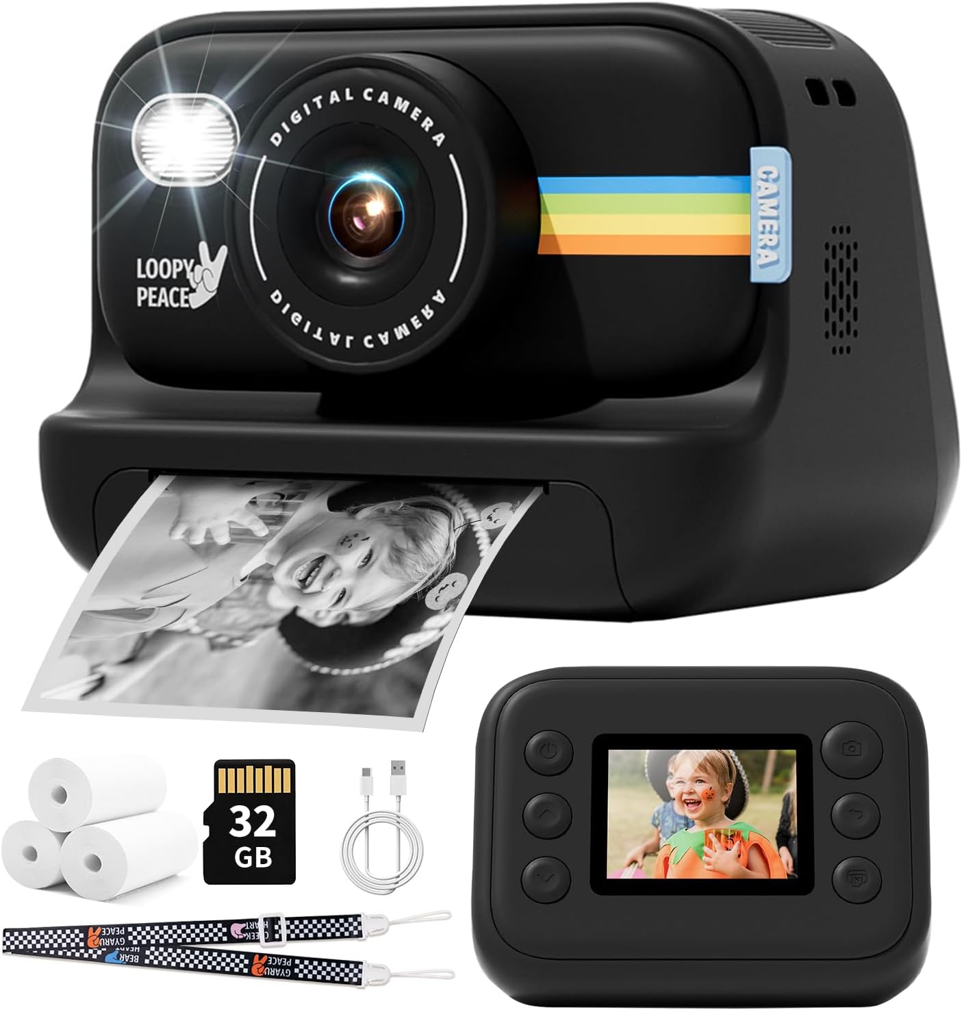 Kids Camera Instant Print, Christmas Birthday Gifts for 4-12 Girls Boys, Portable Travel Toy Camera for 4 5 6 7 8 9 10 Boys, 1080P Digital Cameras for Toddler with 32GB SD Card-Black