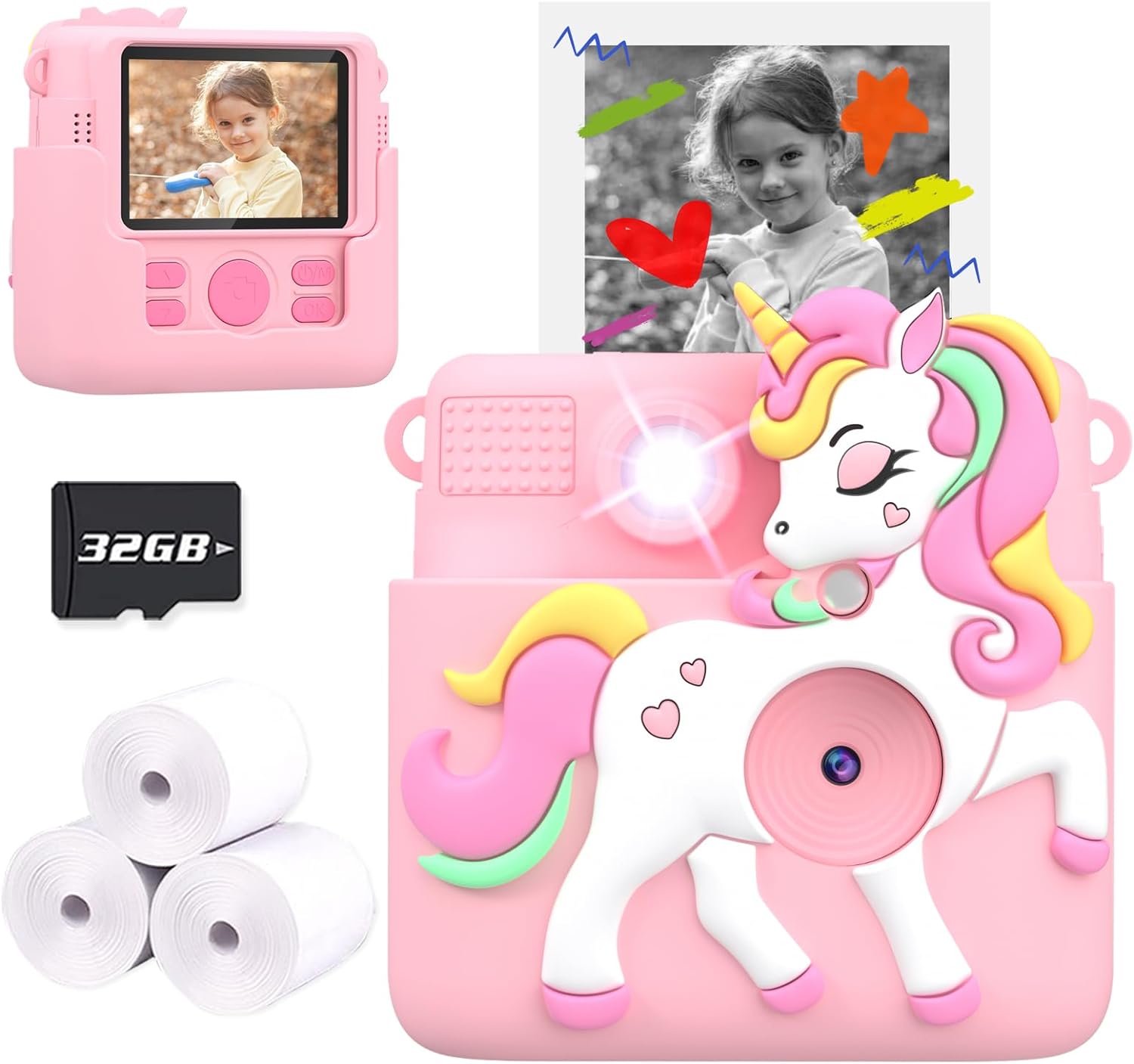 Kids Instant Print Camera, 2.4 Inch Screen 1080P Kids Camera for Girls with Flash, Christmas Birthday Gifts for Girls 3 4 5 6 7 8 9 10 Year Old with 3 Rolls of Photo Paper and a 32G Card